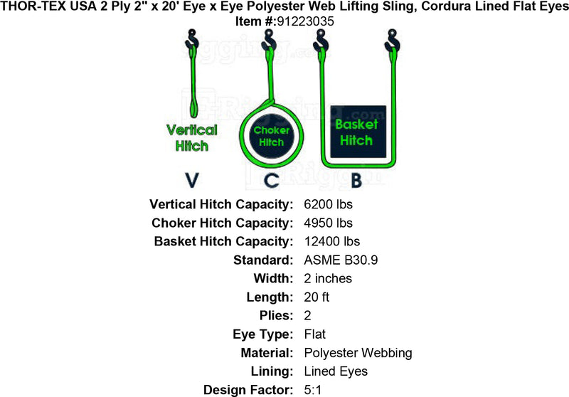THOR-TEX USA 2 ply 2 20 eye eye sling lined flat eyes specification diagram