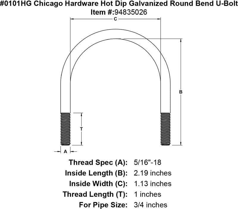 0101hg chicago hardware hot dip galvanized round bend u bolt specification diagram