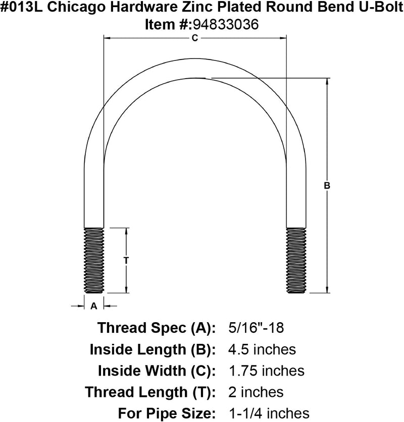 013l chicago hardware zinc plated round bend u bolt specification diagram