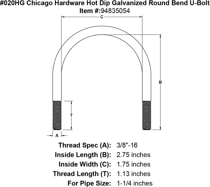 020hg chicago hardware hot dip galvanized round bend u bolt specification diagram