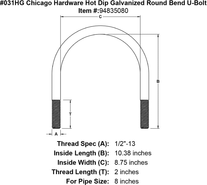 031hg chicago hardware hot dip galvanized round bend u bolt specification diagram