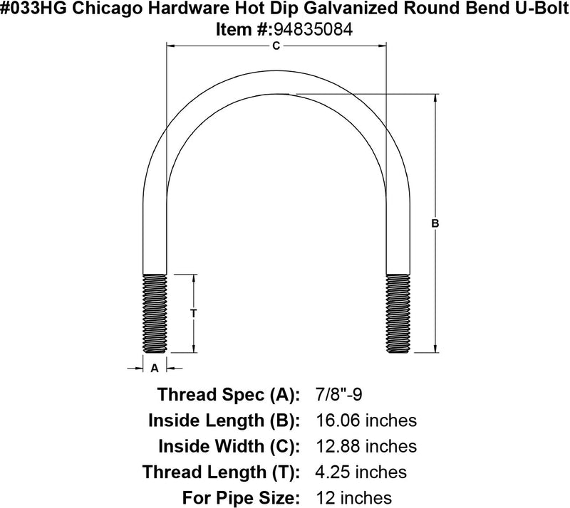 033hg chicago hardware hot dip galvanized round bend u bolt specification diagram