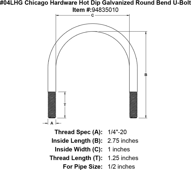 04lhg chicago hardware hot dip galvanized round bend u bolt specification diagram