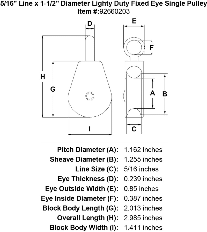 1 1 2 Sheave Zinc Plated Fixed Eye Single Pulley specification diagram