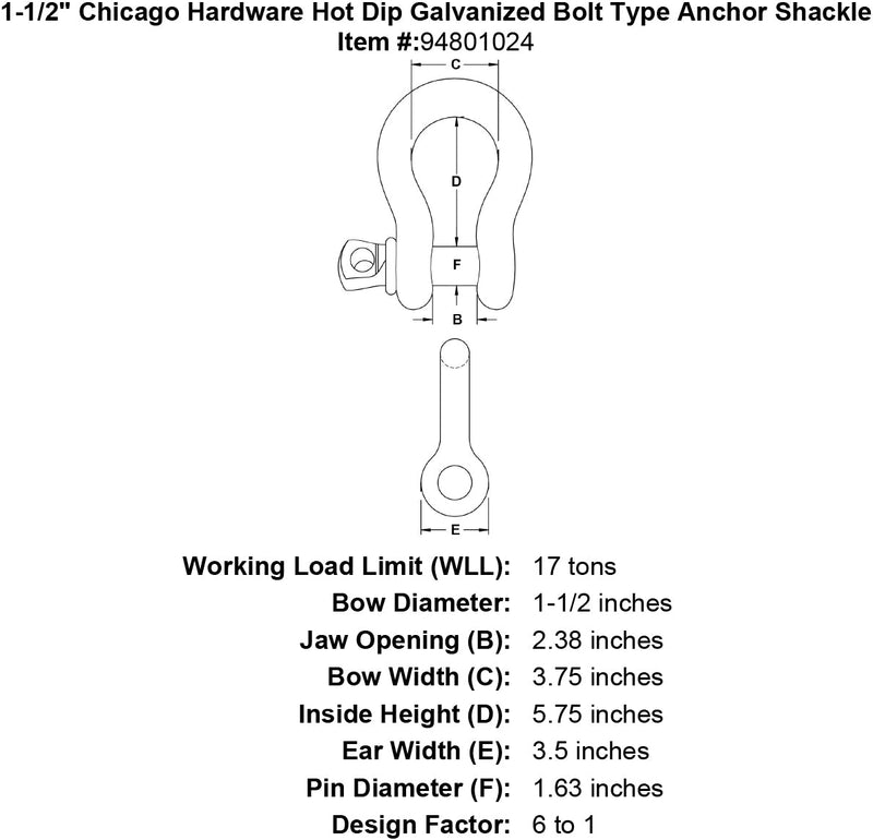 1 1 2 chicago hardware hot dip galvanized bolt type anchor shackle specification diagram
