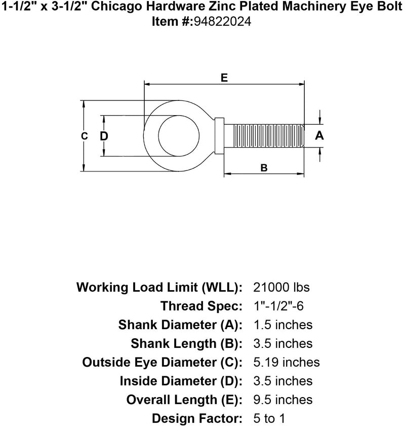 1 1 2 x 3 1 2 chicago hardware zinc plated machinery eyebolt specification diagram