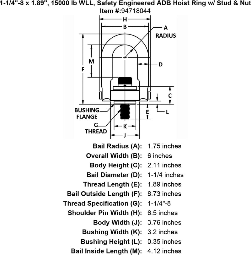 1 1 4 8 x 1 89 15000 lb Safety Engineered Hoist Ring Stud Nut specification diagram