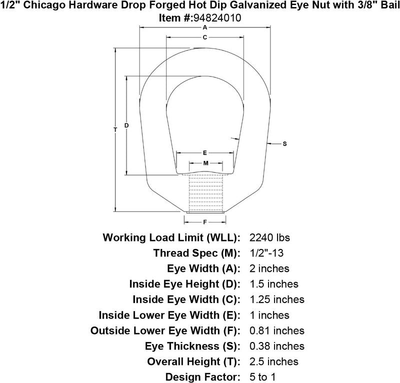 1 2 chicago hardware drop forged hot dip galvanized eye nut specification diagram