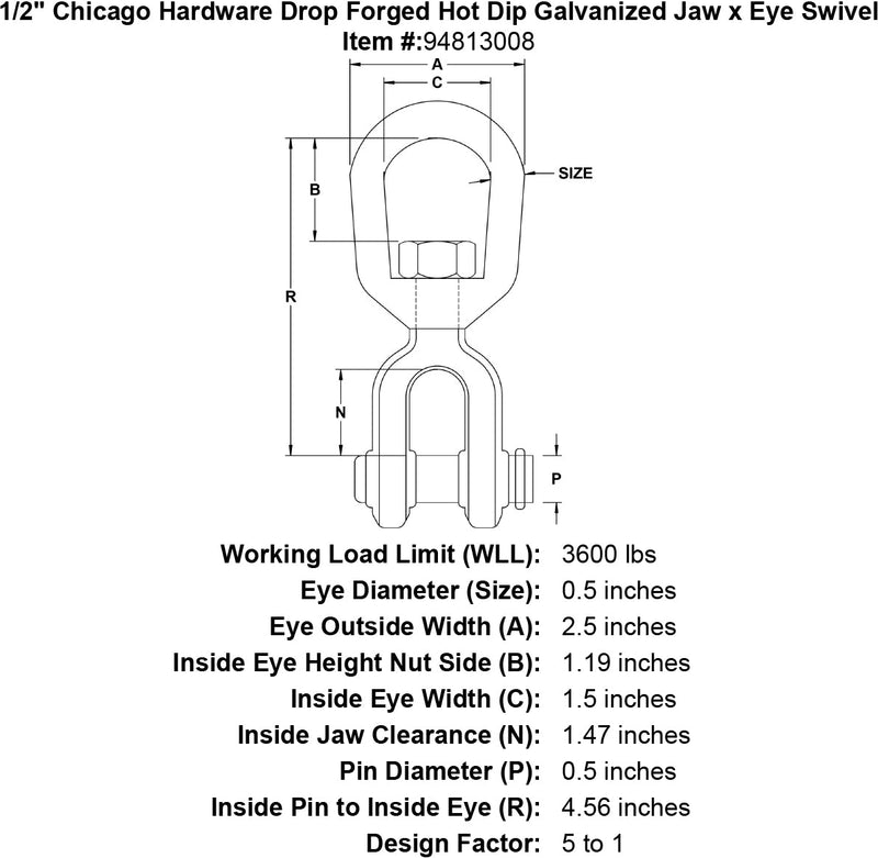 1 2 chicago hardware drop forged hot dip galvanized jaw x eye swivel specification diagram