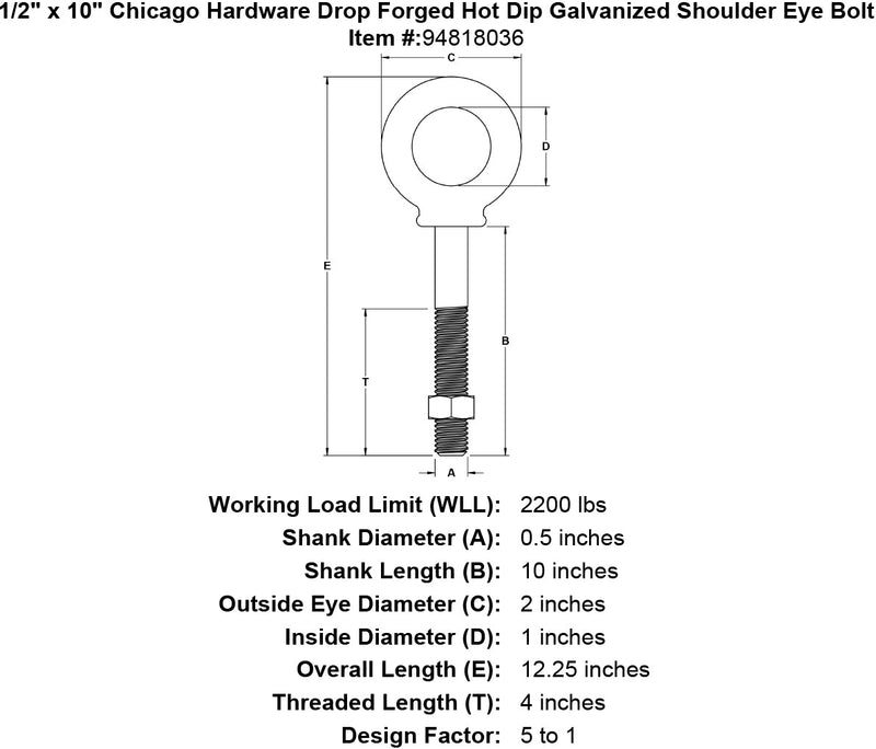 1 2 x 10 chicago hardware drop forged hot dip galvanized shoulder eyebolt specification diagram