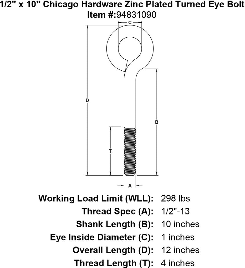 1 2 x 10 chicago hardware zinc plated turned eyebolt specification diagram