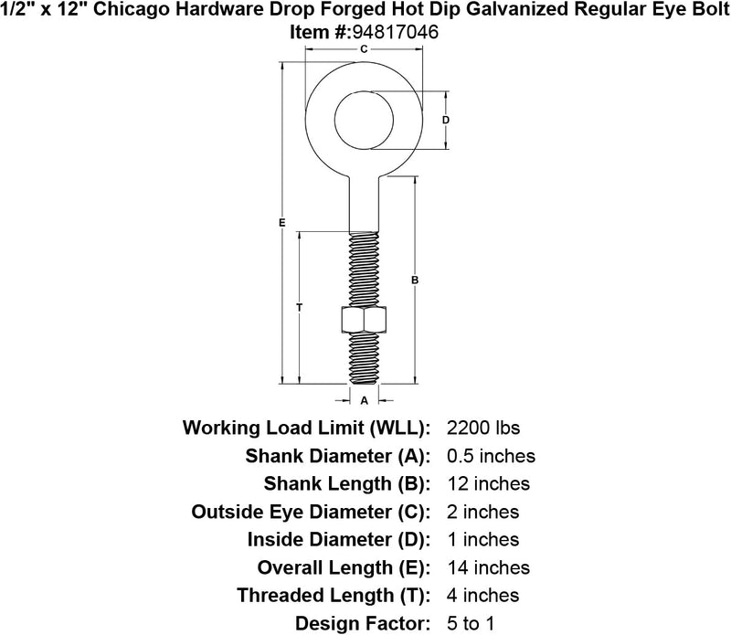 1 2 x 12 chicago hardware drop forged hot dip galvanized regular eyebolt specification diagram