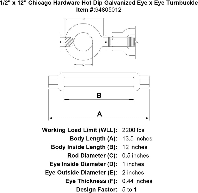 1 2 x 12 chicago hardware hot dip galvanized eye x eye turnbuckle specification diagram