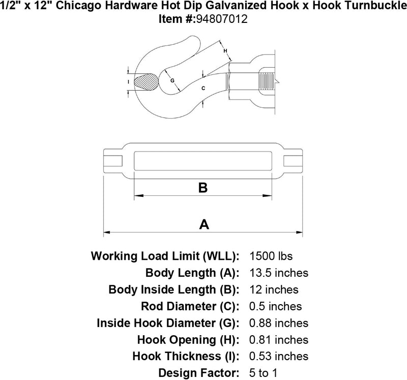 1 2 x 12 chicago hardware hot dip galvanized hook x hook turnbuckle specification diagram