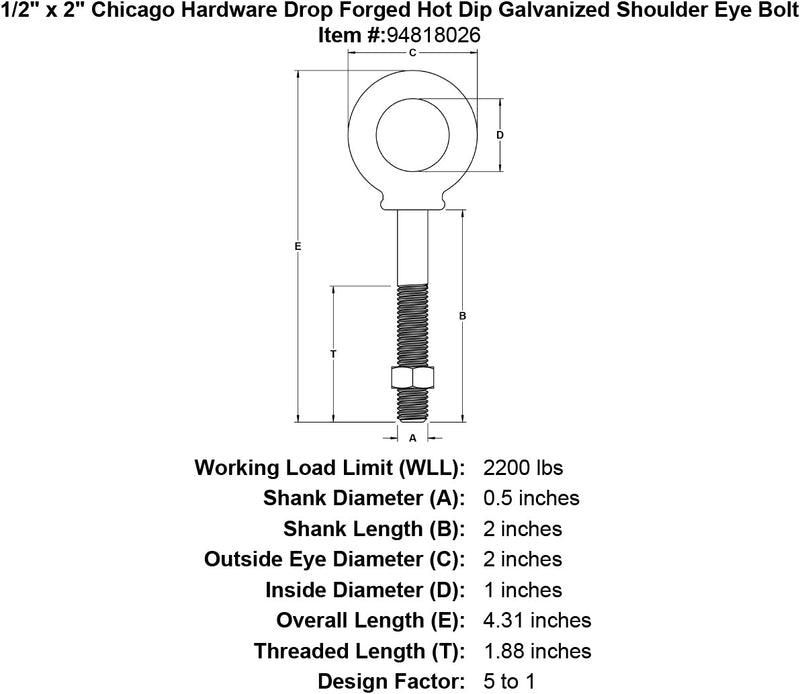 1 2 x 2 chicago hardware drop forged hot dip galvanized shoulder eyebolt specification diagram