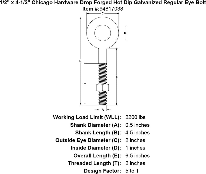 1 2 x 4 1 2 chicago hardware drop forged hot dip galvanized regular eyebolt specification diagram