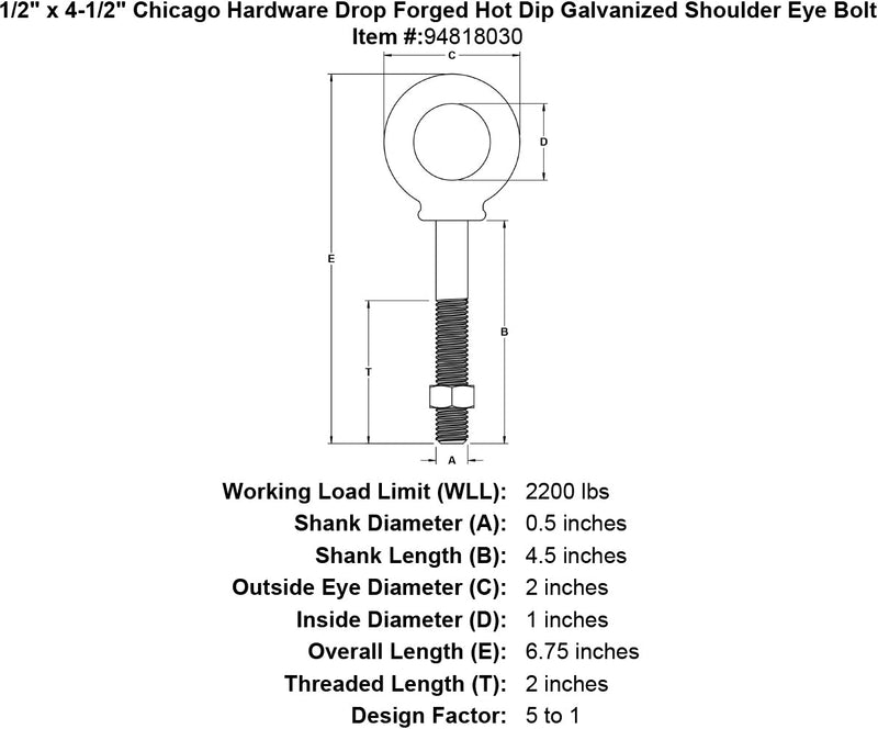 1 2 x 4 1 2 chicago hardware drop forged hot dip galvanized shoulder eyebolt specification diagram