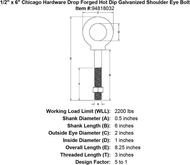 1 2 x 6 chicago hardware drop forged hot dip galvanized shoulder eyebolt specification diagram