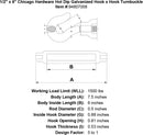 1 2 x 6 chicago hardware hot dip galvanized hook x hook turnbuckle specification diagram