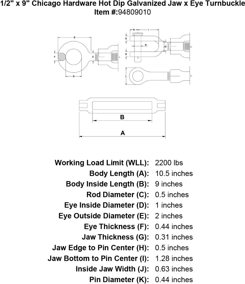 1 2 x 9 chicago hardware hot dip galvanized jaw x eye turnbuckle specification diagram