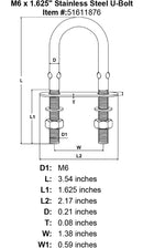 1 4 x 1 625 Stainless Steel U Bolt specification diagram