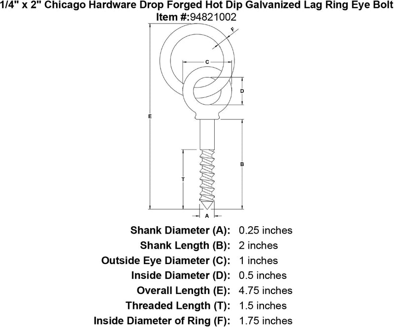1 4 x 2 chicago hardware drop forged hot dip galvanized lag ring eyebolt specification diagram