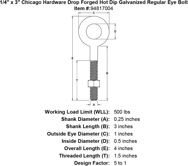 1 4 x 3 chicago hardware drop forged hot dip galvanized regular eyebolt specification diagram