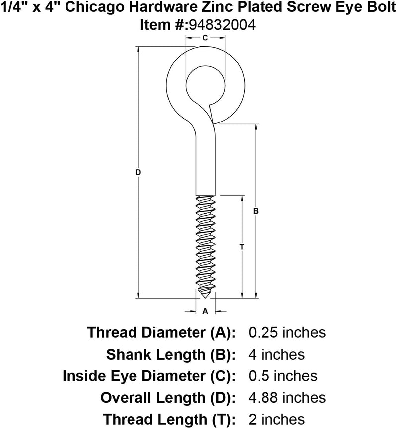 1 4 x 4 chicago hardware zinc plated screw eyebolt specification diagram