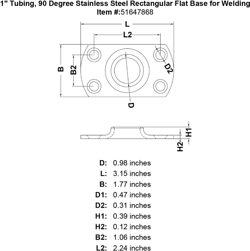 1 Tubing 90 Degree Stainless Steel Rectangular Flat Base for Welding specification diagram