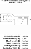 1 inch X 6 inch Eyebolt specification diagram