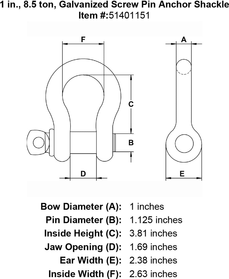 1 inch screw pin shackle specification diagram