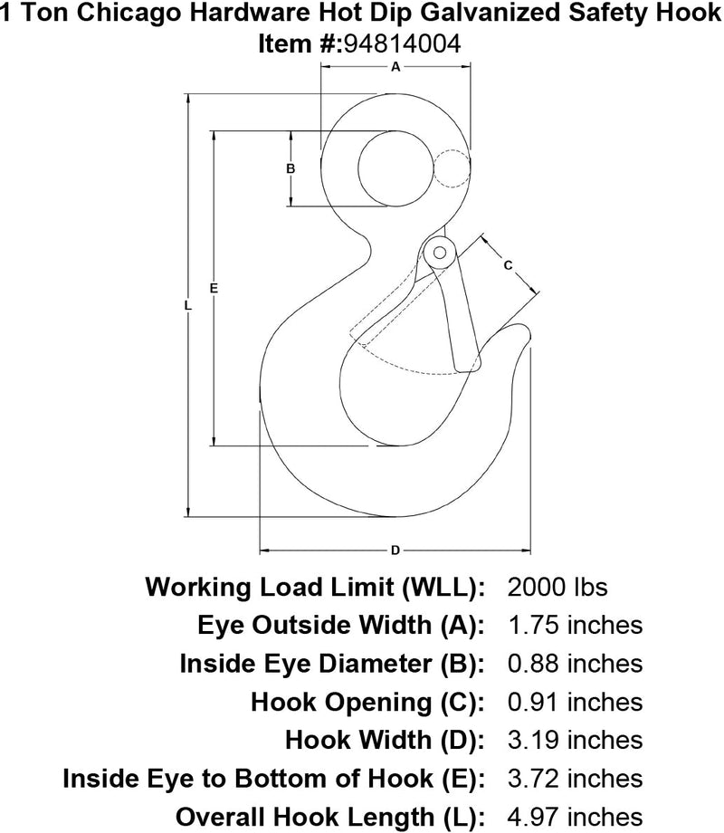 1 ton chicago hardware hot dip galvanized safety hook specification diagram