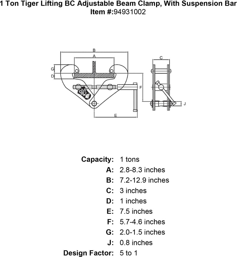 1 ton tiger lifting bc adjustable beam clamp with suspension bar specification diagram