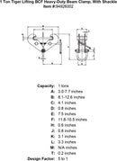 1 ton tiger lifting bcf heavy duty beam clamp with shackle specification diagram