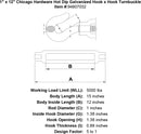 1 x 12 chicago hardware hot dip galvanized hook x hook turnbuckle specification diagram