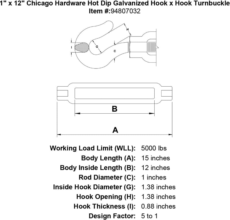 1 x 12 chicago hardware hot dip galvanized hook x hook turnbuckle specification diagram