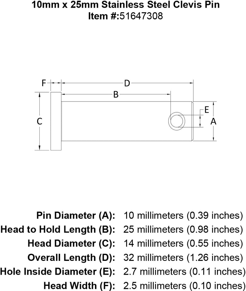 10 x 25 Stainless Steel Clevis Pin specification diagram