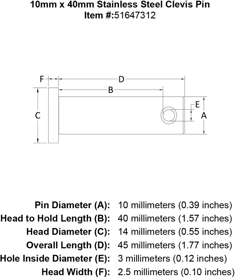 10 x 40 Stainless Steel Clevis Pin specification diagram