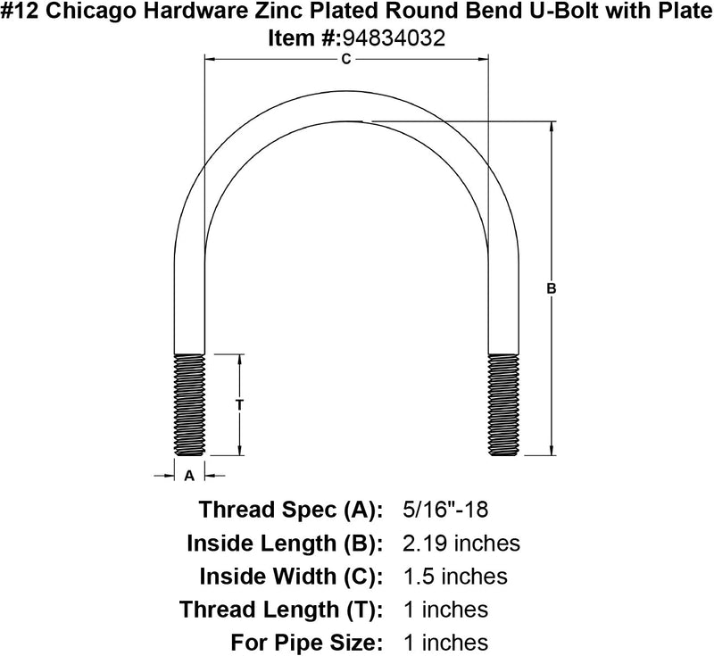 12 chicago hardware zinc plated round bend u bolt with plate specification diagram