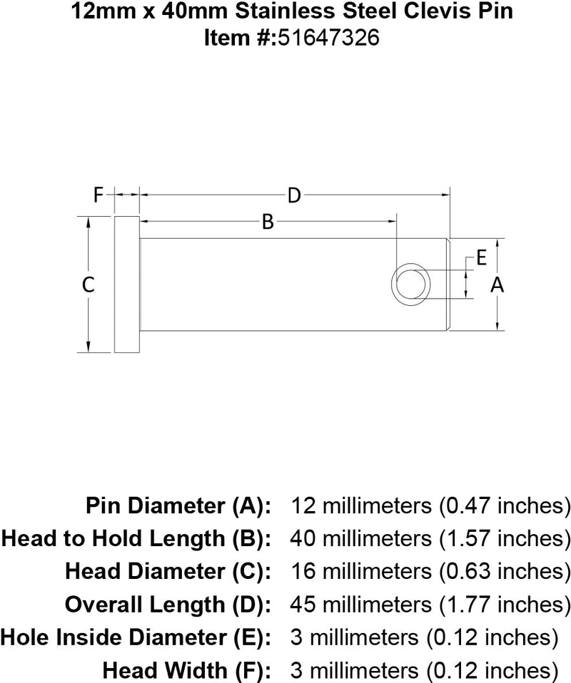 12 x 40 Stainless Steel Clevis Pin specification diagram
