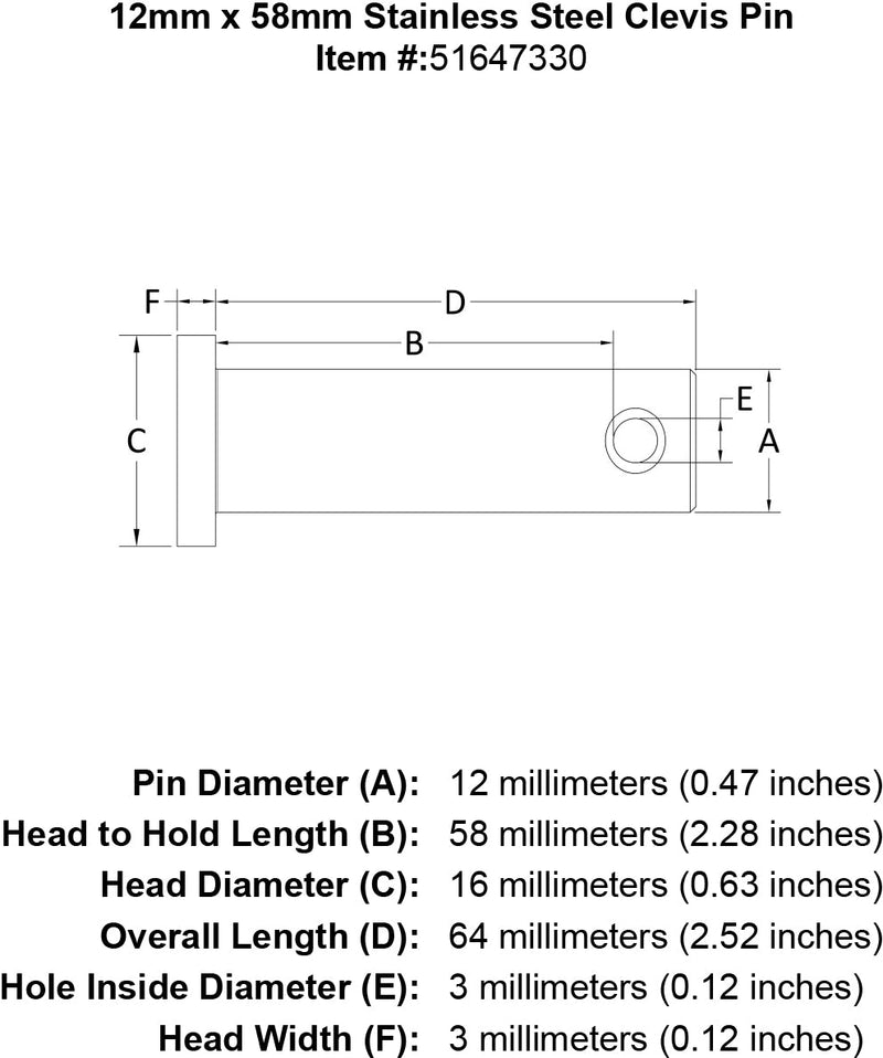 12 x 58 Stainless Steel Clevis Pin specification diagram