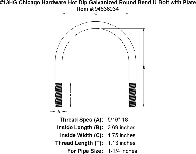 13hg chicago hardware hot dip galvanized round bend u bolt with plate specification diagram