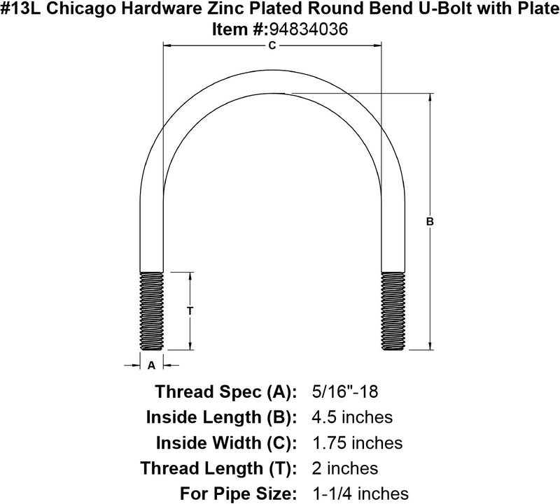 13l chicago hardware zinc plated round bend u bolt with plate specification diagram