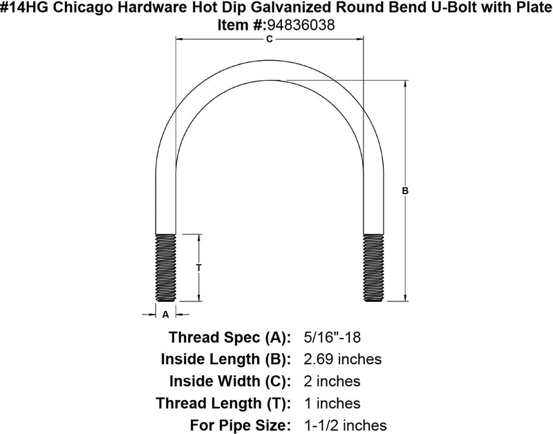 14hg chicago hardware hot dip galvanized round bend u bolt with plate specification diagram