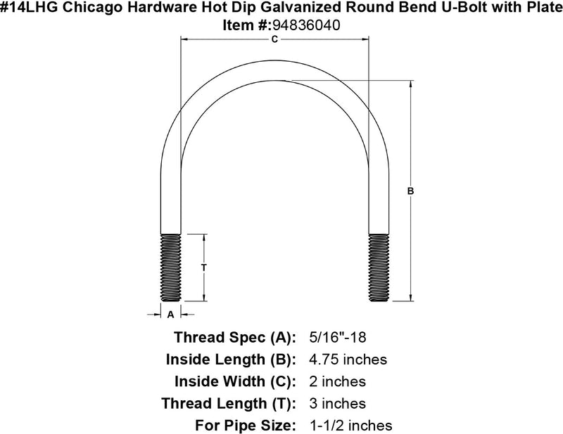 14lhg chicago hardware hot dip galvanized round bend u bolt with plate specification diagram