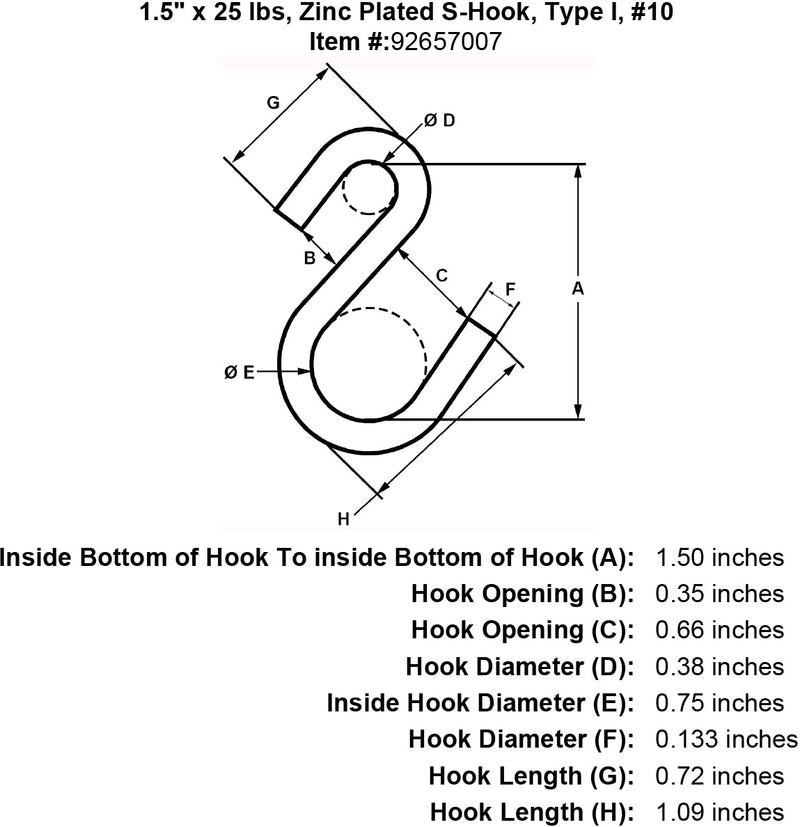 15 x 25 lbs Zinc Plated S Hook Type I specification diagram