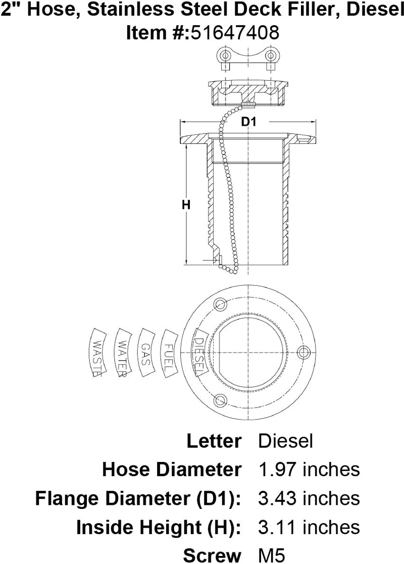 2 Hose Stainless Steel Deck Filler Diesel specification diagram
