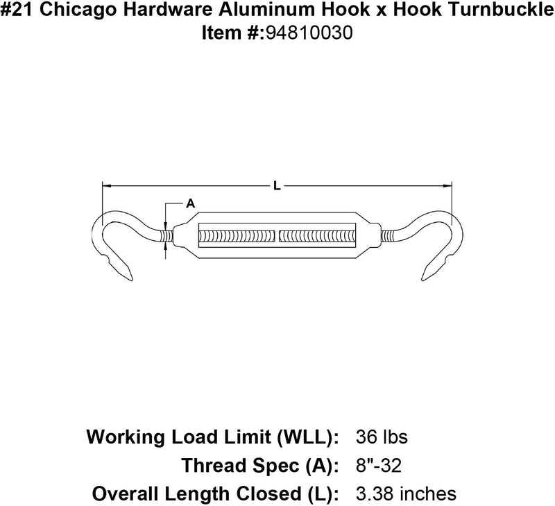 21 chicago hardware aluminum hook x hook turnbuckle specification diagram