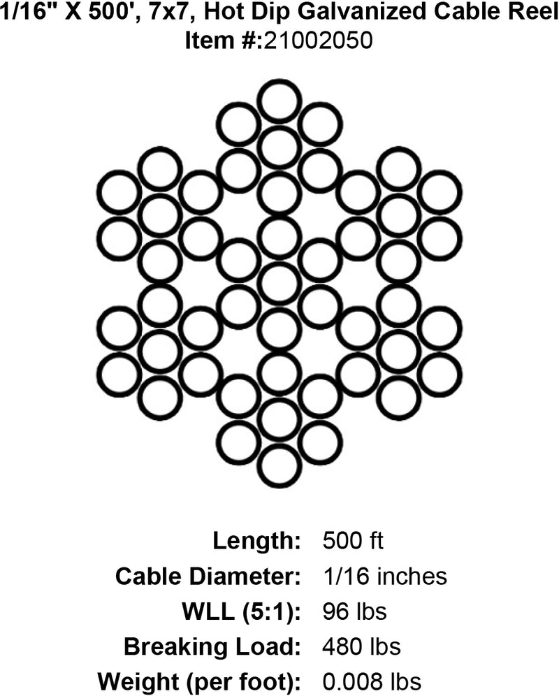 1/16" X 500' 7X7 Hot Dip Galvanized Cable Specification Diagram