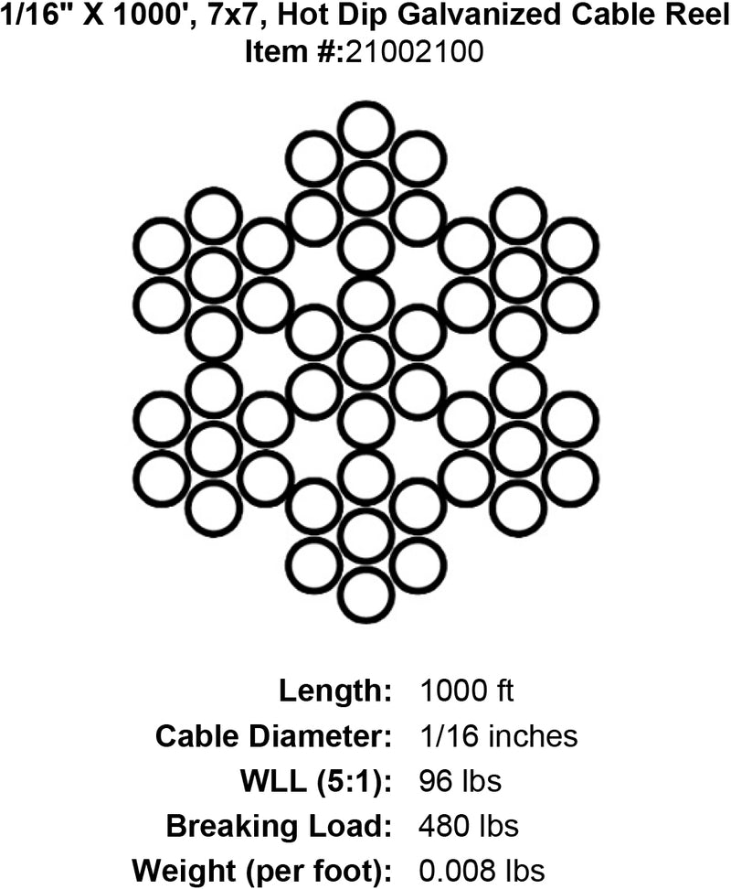 1/16" X 1000' 7X7 Hot Dip Galvanized Cable Specification Diagram